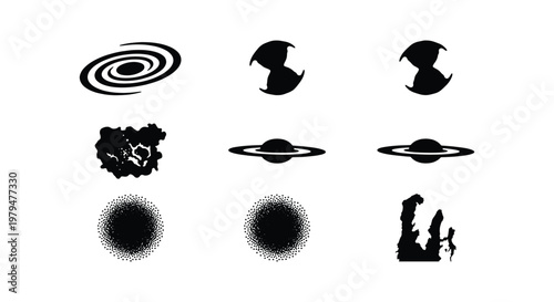 Minimalist space icons set, black celestial silhouettes including spiral galaxy and saturn planet, astronomical vector elements for science infographics