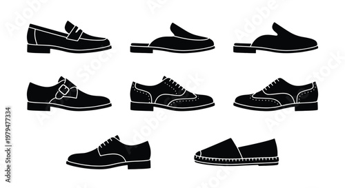 Classic Men's Footwear Silhouette Icons, Set of 8 Formal and Casual Shoes, Black Leather Oxford and Loafer Vector Illustrations for Fashion Design