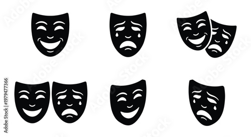 Theater mask icon set with comedy and tragedy faces, black dramatic stage masks for acting and performance, 6 vector elements for arts and culture