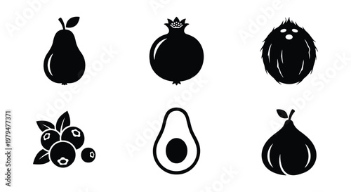 Minimalist black fruit icons set, flat vector collection of 6 organic food symbols, pear pomegranate coconut blueberry avocado and fig silhouettes