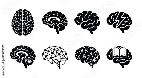 Human brain icon set with 8 vector elements, anatomical brain silhouettes for neurology and mental health, creative mind and intelligence symbols