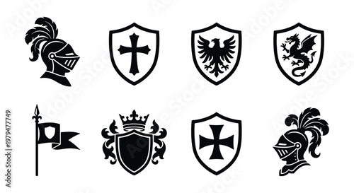Medieval knight heraldry collection, black silhouette shields with dragon and eagle icons, 8 vector elements for gaming and logo design