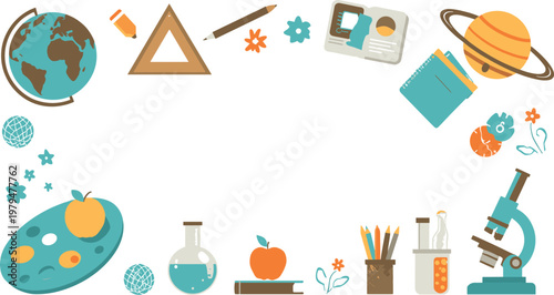 Education and science icons arranged in a circular frame with copy space for text