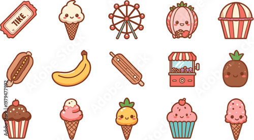Cute Carnival Food and Attraction Icons Set with Ice Cream, Cotton Candy, Ferris Wheel, Hot Dog, Popcorn, and Tickets for Digital Media Designs, Apps, and Websites