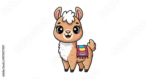 Cute cartoon llama with colorful saddle.