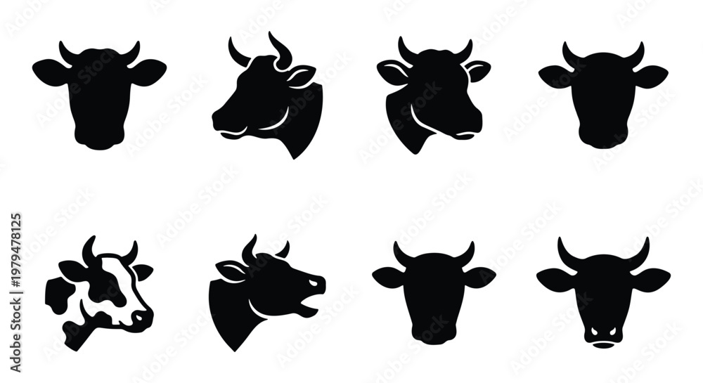 Obraz premium Cow head silhouette icons, set of 8 black cattle bull and heifer face vectors, minimalist livestock farm animal logos for butchery and dairy branding