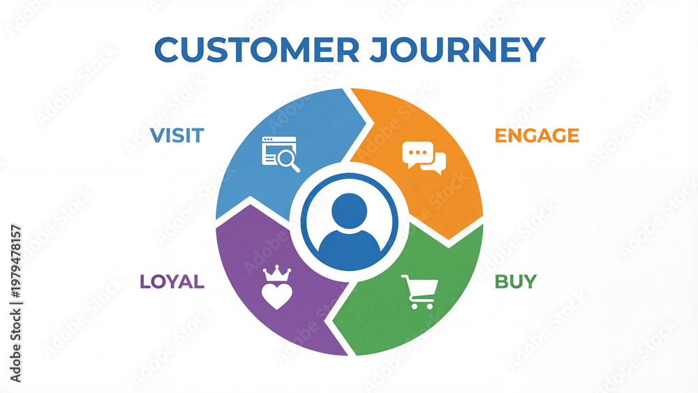 Fototapeta premium Customer journey infographic showing visit engage buy and loyal cycle stages for marketing funnel conversion and consumer relationship management strategy