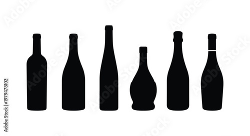 Wine bottle silhouette collection, set of 6 black alcohol bottle icons, minimalist beverage glass shapes for restaurant menus and bar logos