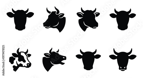Cow head silhouette icons, set of 8 black cattle bull and heifer face vectors, minimalist livestock farm animal logos for butchery and dairy branding