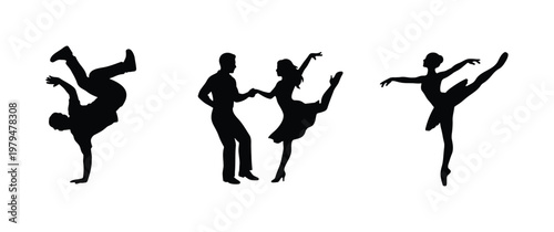Black dance silhouettes set, breakdancer and ballroom couple vector, elegant ballet dancer icons, performing arts and choreography elements