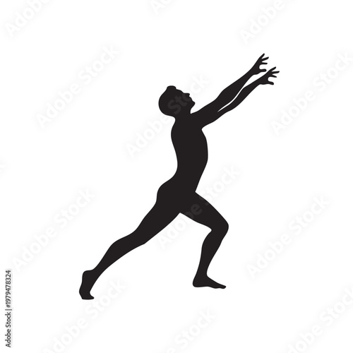 Male contemporary dancer silhouette, expressive modern dance performer vector, athletic man reaching in artistic pose, minimalist black ballet figure