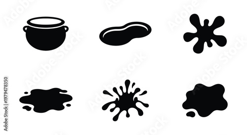 Black liquid splash and puddle icons, set of 6 vector elements, cauldron and ink spill silhouettes, oil and paint splatter graphics for design