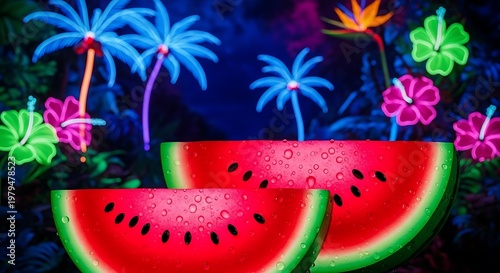 A vibrant and colorful illustration of watermelon slices with neon flowers and palm trees