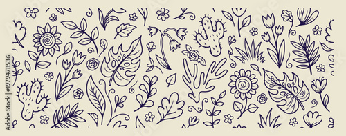 Hand drawn desert cactus floral doodles, minimalist arid plant and flower sketches, decorative succulent and botanical icons, artistic desert nature and wildlife elements, minimalist south western pla