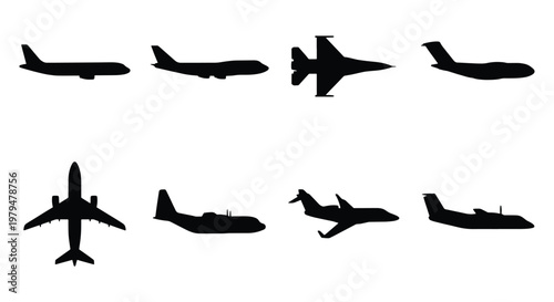 Airplane silhouette vector set, commercial aircraft and military jet icons, black aviation symbols on white background, 8 plane elements for travel design
