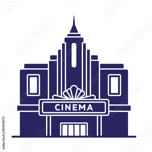 Dark blue of an deco style cinema building with a marquee sign, featuring a central tower, geometric facade, and fan-shaped architectural detail on a white background
