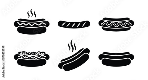 Hot dog icon set with 6 black vector elements, fast food sausage and bun silhouettes, grilled frankfurter illustrations for restaurant menus