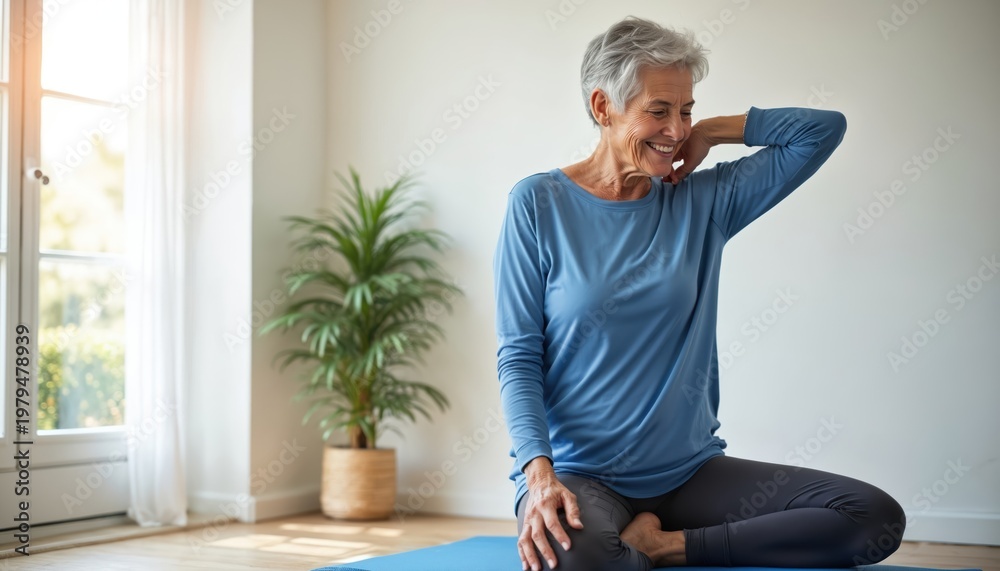 Fototapeta premium Smiling senior woman sits in yoga pose on mat indoors. She stretches arm behind head, looking happy. Healthy elder lady practices mindful movement in bright room.