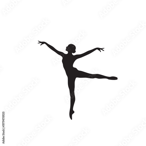 Minimalist black silhouette of a graceful ballerina performing an arabesque dance pose, isolated on a solid white background, style