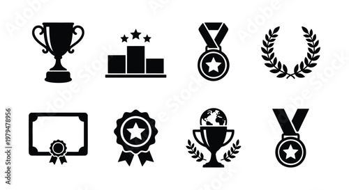 Award and trophy icon set, black silhouette victory medals and competition prizes, 8 achievement symbols for sports and business success