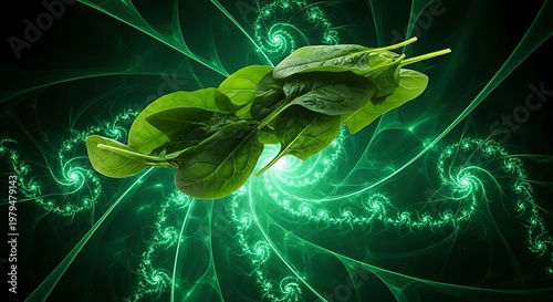 A vibrant green leafy fractal design with swirling patterns in the background