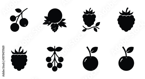 Minimalist berry icon set, black silhouette fruit vector collection, 8 organic berry symbols for food packaging and healthy lifestyle branding
