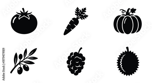 Minimalist vegetable and fruit icons set, black silhouette food symbols including tomato and carrot, organic produce vector collection for grocery apps