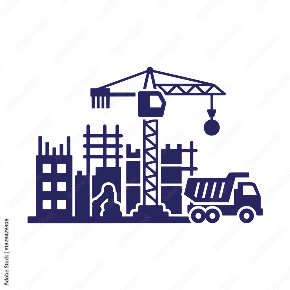Naklejka premium Dark blue silhouette of a construction site featuring a tower crane, unfinished building frameworks, and a dump truck on a white background