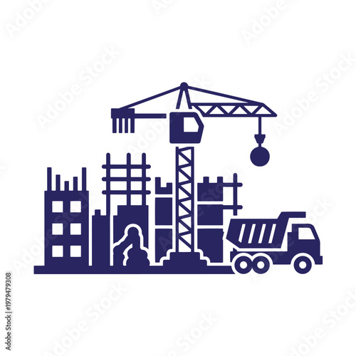 Dark blue silhouette of a construction site featuring a tower crane, unfinished building frameworks, and a dump truck on a white background