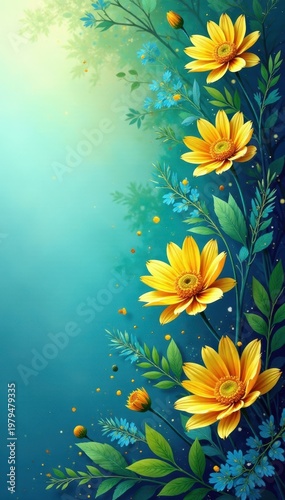 Abstract blue, green, yellow floral fan; vibrant graphic, modern design, fresh, design, vibrant