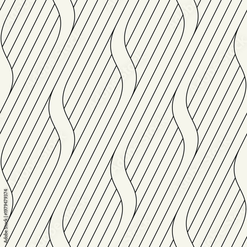Seamless pattern with geometric waves. Endless stylish texture. Ripple bold monochrome background. Linear weaved grid. Thin interlaced swatch.	