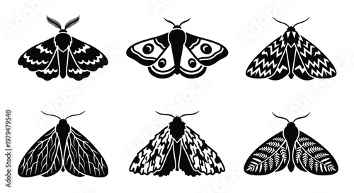 Vintage moth silhouettes collection, set of 6 decorative butterfly and moth vector icons, black and white insect illustrations for occult and nature design