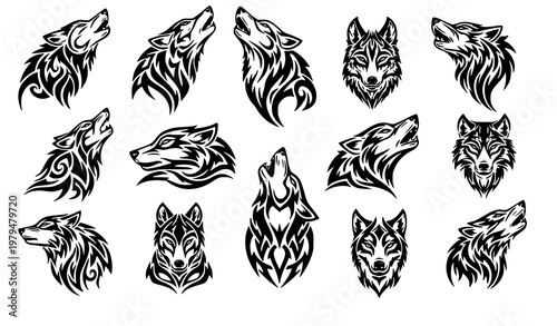 Tribal wolf silhouette tattoo vector howling wolf symbol set