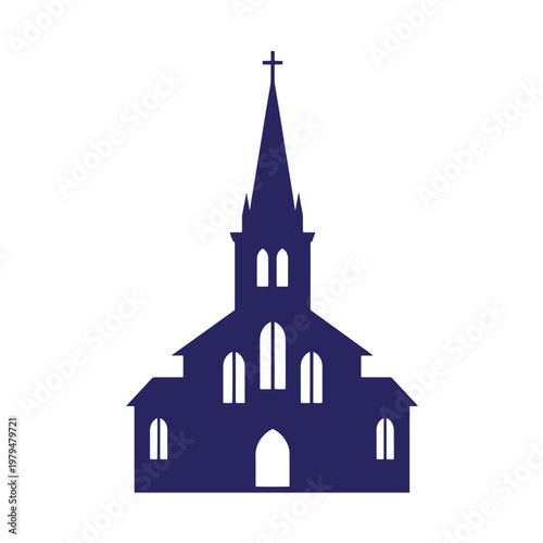 Dark blue silhouette of a traditional church building with a tall steeple, a cross at the and arched windows and doorway, isolated on a white background