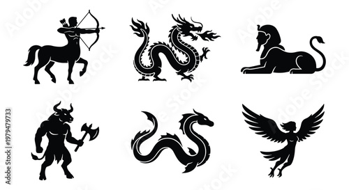 Mythological creatures black silhouette icons, set of 6 fantasy monster vectors, ancient greek and asian folklore beast symbols for gaming and logos