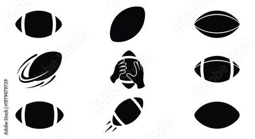 Rugby ball silhouette icons set, American football equipment vector elements, 9 black sports ball symbols for logo design and athletic branding