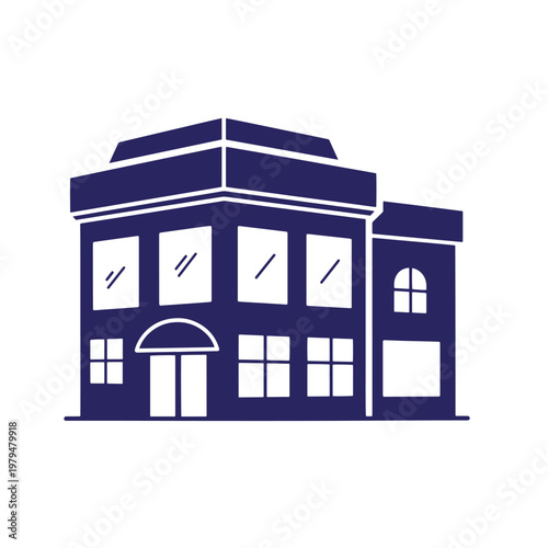 Dark blue silhouette of a two-story building with a flat roof, large storefront windows, an arched entrance awning, and a secondary side section with a smaller arched window