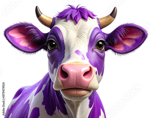 A vibrant, stylized portrait of a cow with striking purple markings and horns against a stark black background, showcasing a whimsical and artistic interpretation of farm animal imagery.