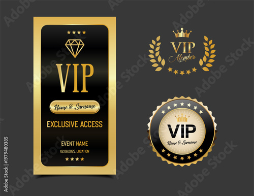 Concert, party or festival gold VIP pass design template admit design template 