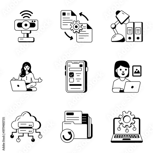 Set of Glyph Style Remote Office Icons 

