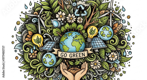 Vibrant illustration promoting environmental conservation with earth and green elements isolated on white background
