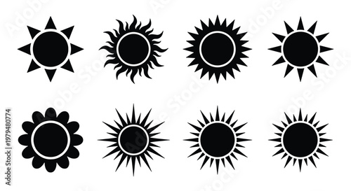 Minimalist sun icon set with 8 black vector elements, flat solar symbols for weather forecasting, geometric sunburst silhouettes for summer branding