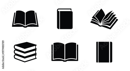 Minimalist book icon set, 6 black vector silhouettes of open and closed books, academic library and education symbols for web design