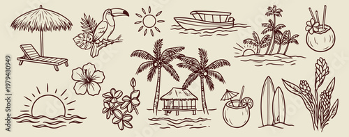 Hand drawn tropical island hut scene, minimalist beach resort and ocean doodles, decorative palm tree and boat sketches, artistic summer vacation and travel elements, minimalist coastal and shore line