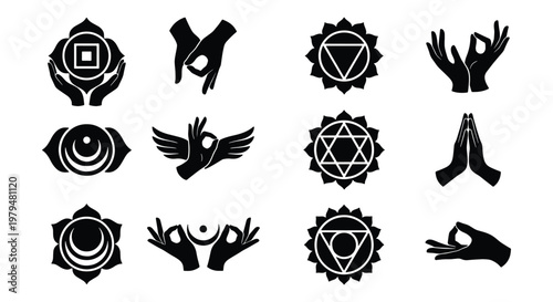 Sacred chakra symbols and mudra hand gestures set, spiritual yoga icons collection, black silhouette esoteric energy signs for meditation
