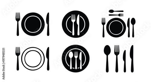 Minimalist cutlery icon set, black silhouette plate fork and knife symbols, restaurant table setting vector collection for menu design