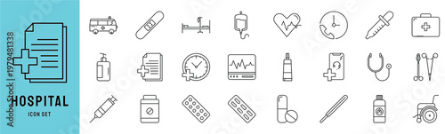 Hospital icons set. Includes symbols of medical building, doctor, nurse, ambulance, emergency, and healthcare services. Editable stroke. Vector illustration. Outline icons.