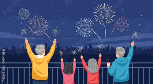 Family standing at a balcony and watching colorful fireworks exploding in the night sky over a city skyline to celebrate.