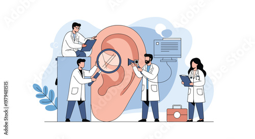 Medical professionals in lab coats using specialized instruments to conduct a detailed examination of a giant human ear model.