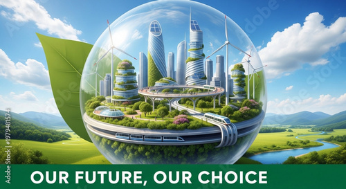 Futuristic ecofriendly cityscape inside a glass globe with green landscape and blue sky